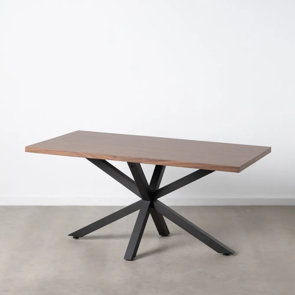 Diego Dining Table Brown-Black with wood-look MDF top and black star-shaped metal base, 160 x 90 cm