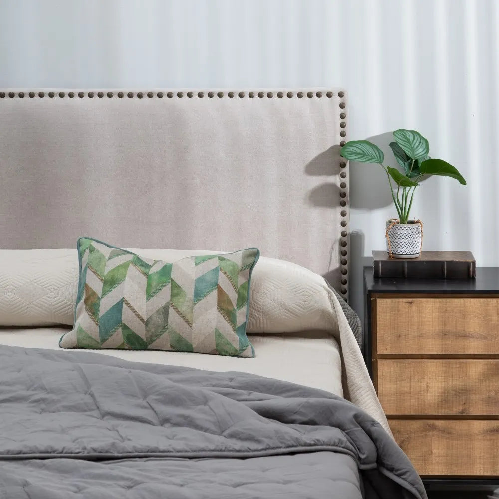Danna headboard with greyish beige fabric and stud trim, 160 cm wide for queen beds, elegant and classic bedroom accent