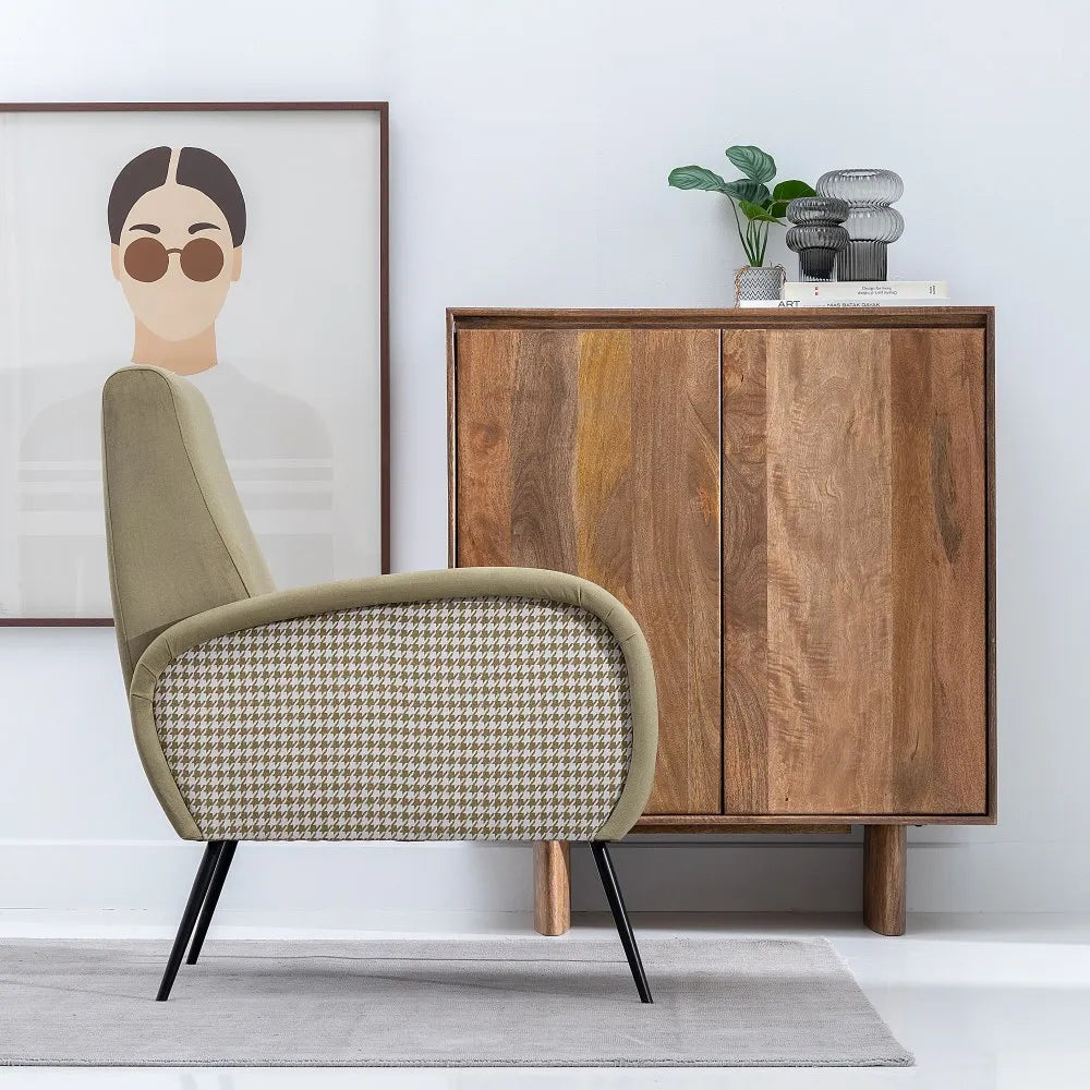 Lucia olive green fabric armchair with modern metal legs in a stylish interior