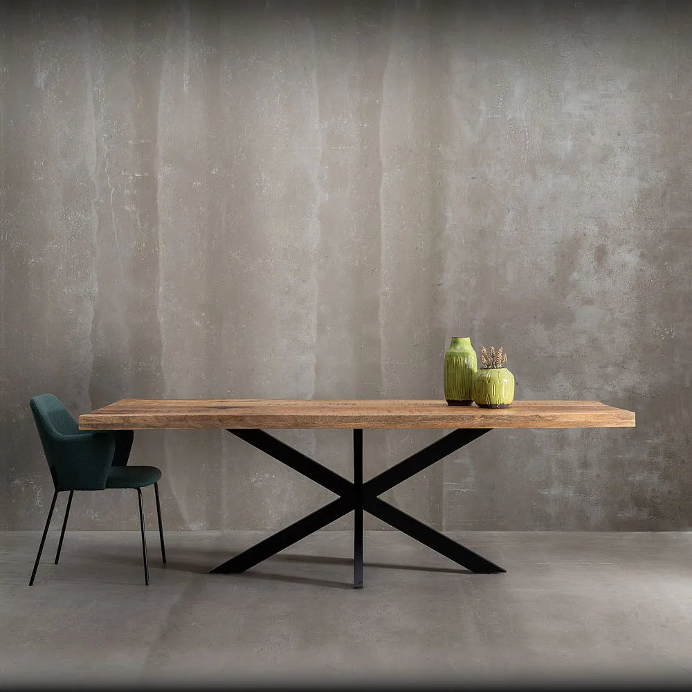 Enzo Dining Table Natural-Black with large wood top and black iron starburst base, 240 x 100 cm