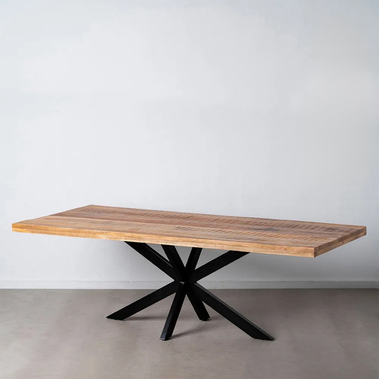 Enzo Dining Table Natural-Black with large wood top and black iron starburst base, 240 x 100 cm
