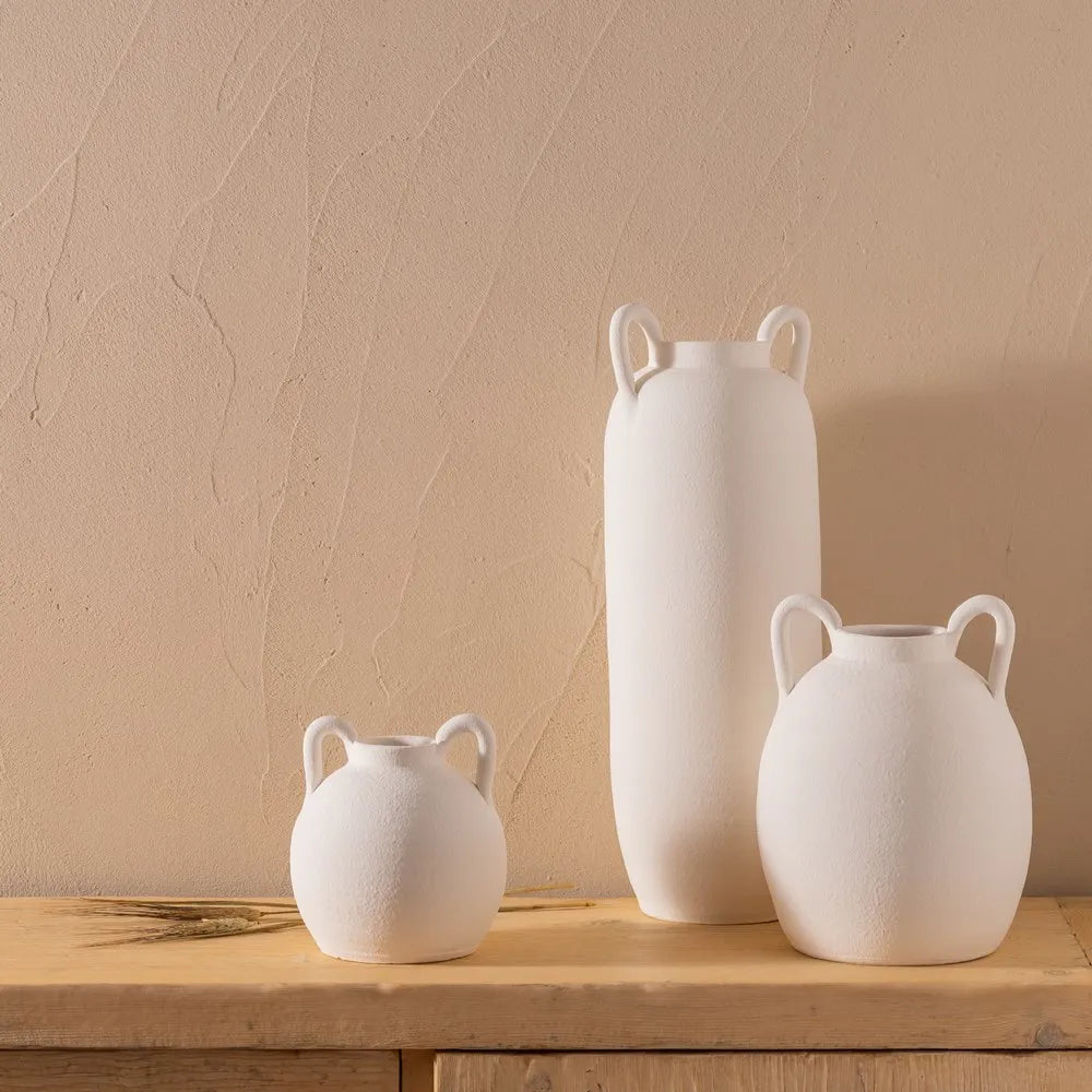 Eimear tall white mud vase with dual handles, elegant for modern interiors