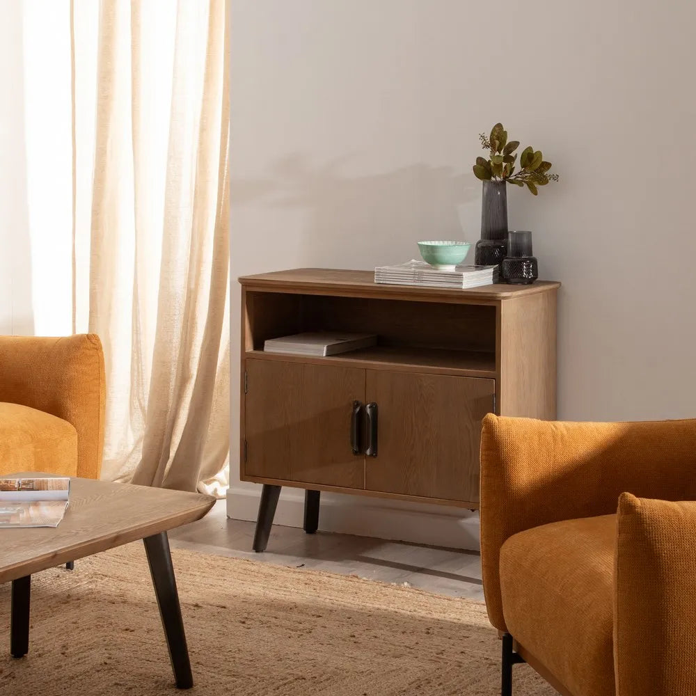 Tadhg natural wood and black metal hall console in a modern home setting
