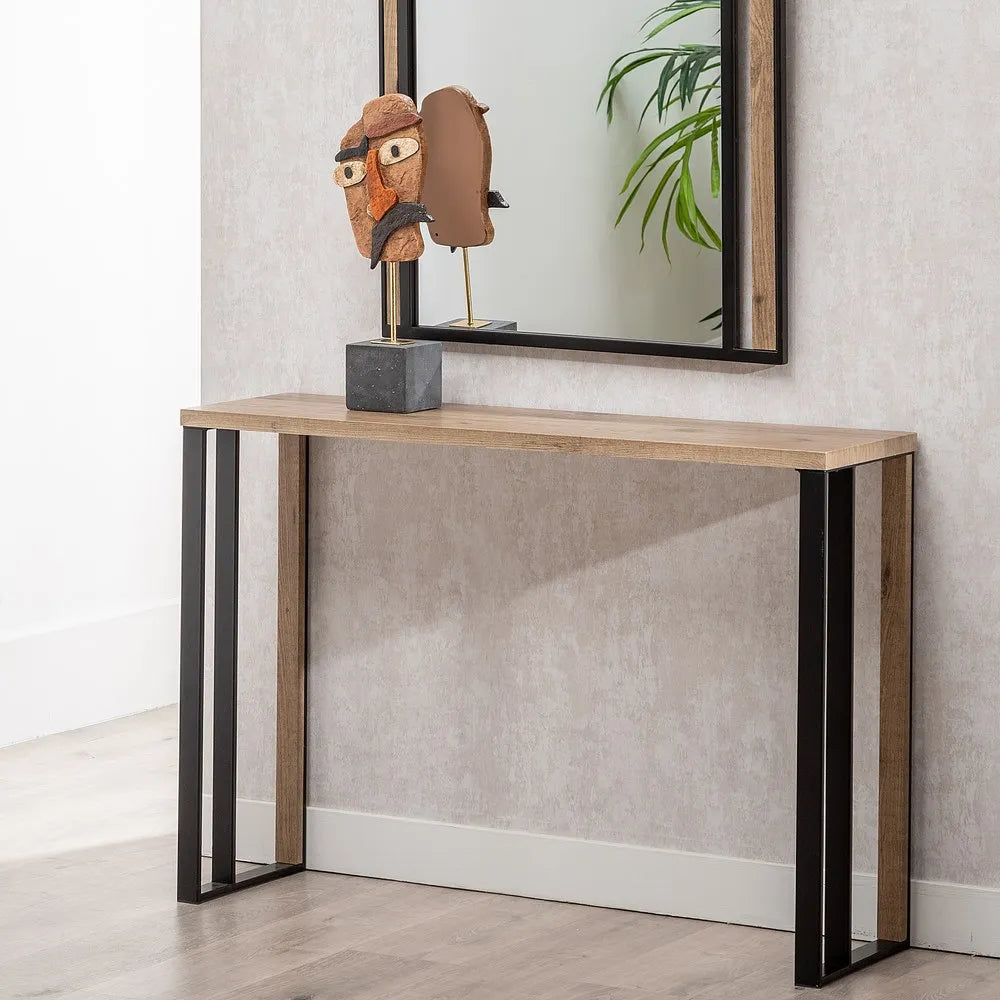 Aitana natural MDF console table with black metal legs in a modern hallway