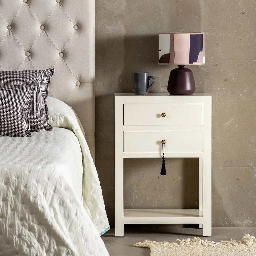 Aroa white wooden side table with 2 drawers and open shelf