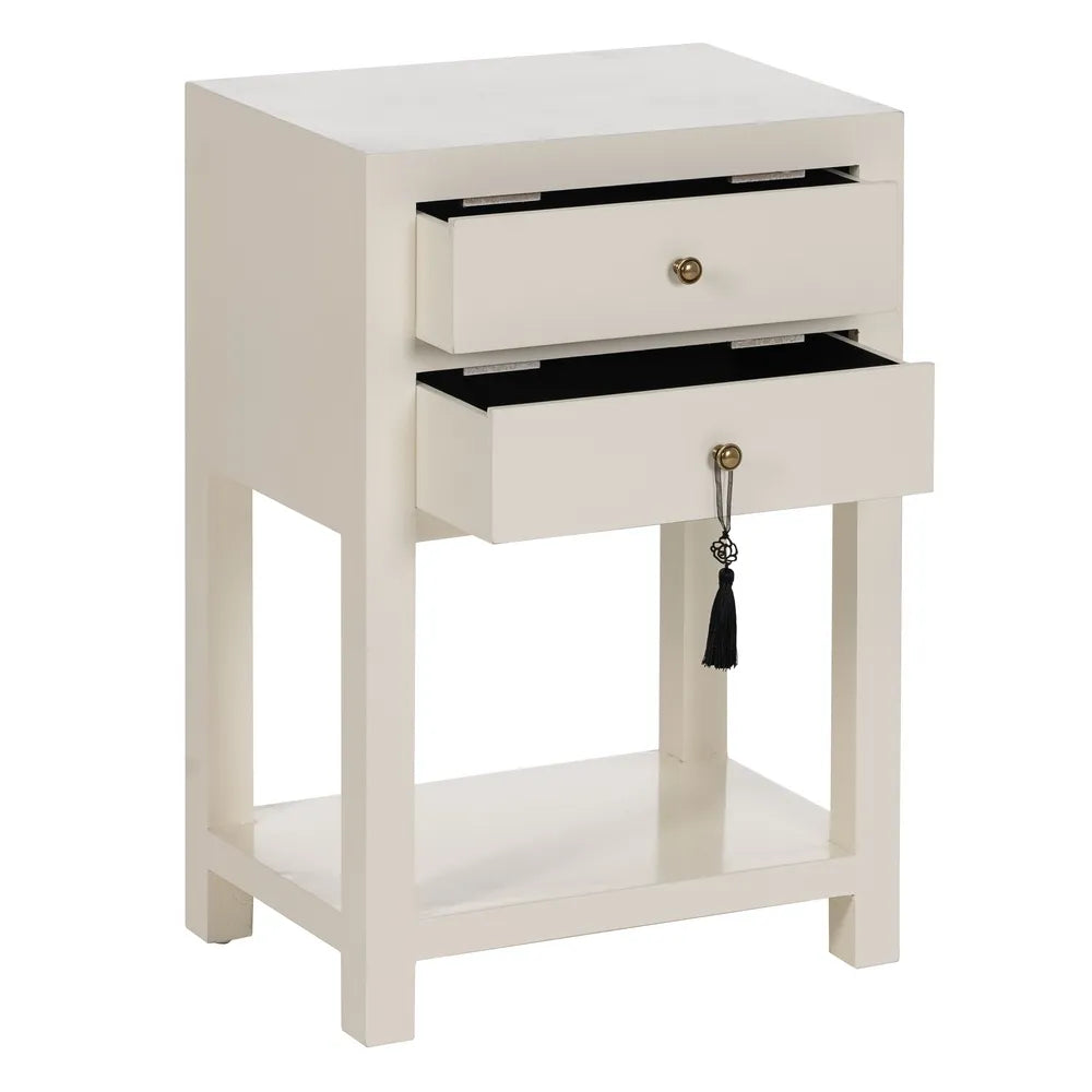 Aroa white wooden side table with 2 drawers and open shelf