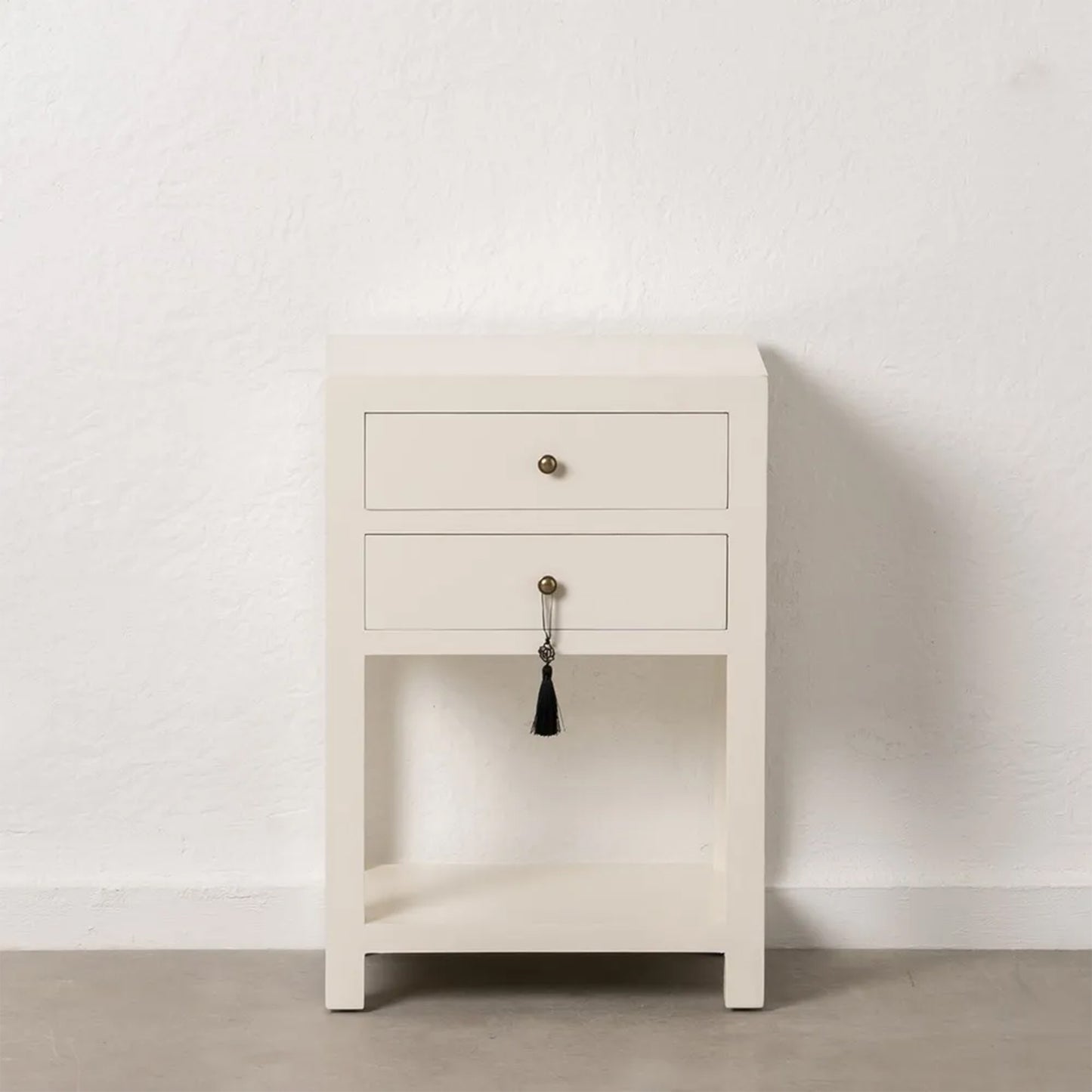 Aroa white wooden side table with 2 drawers and open shelf