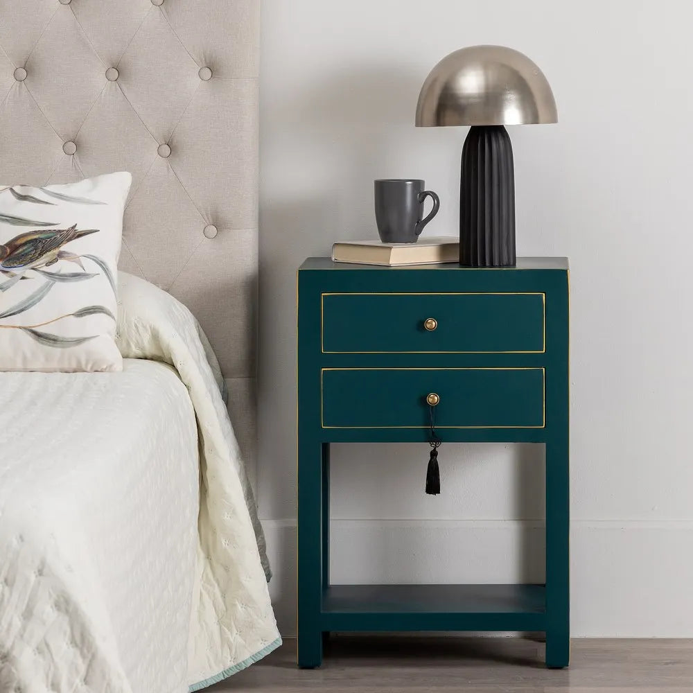 Ainhoa blue lacquered side table with 2 drawers, gold trim, and shelf