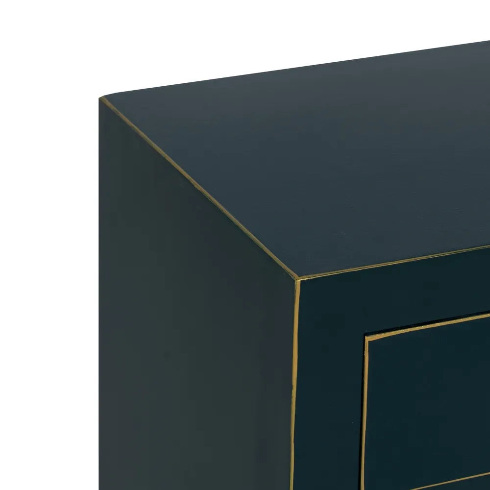 Ainhoa blue lacquered side table with 2 drawers, gold trim, and shelf