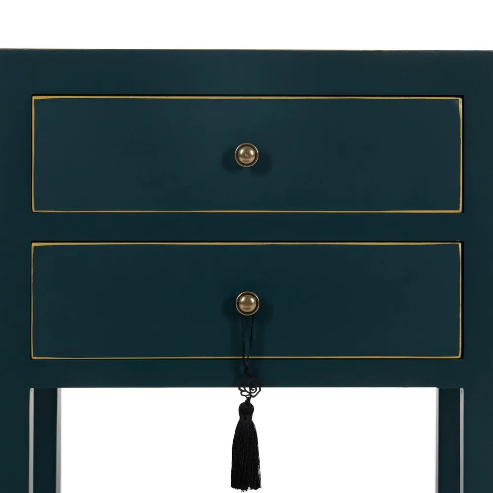 Ainhoa blue lacquered side table with 2 drawers, gold trim, and shelf