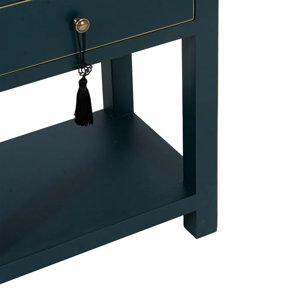 Ainhoa blue lacquered side table with 2 drawers, gold trim, and shelf