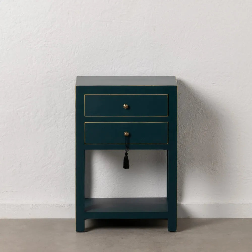 Ainhoa blue lacquered side table with 2 drawers, gold trim, and shelf