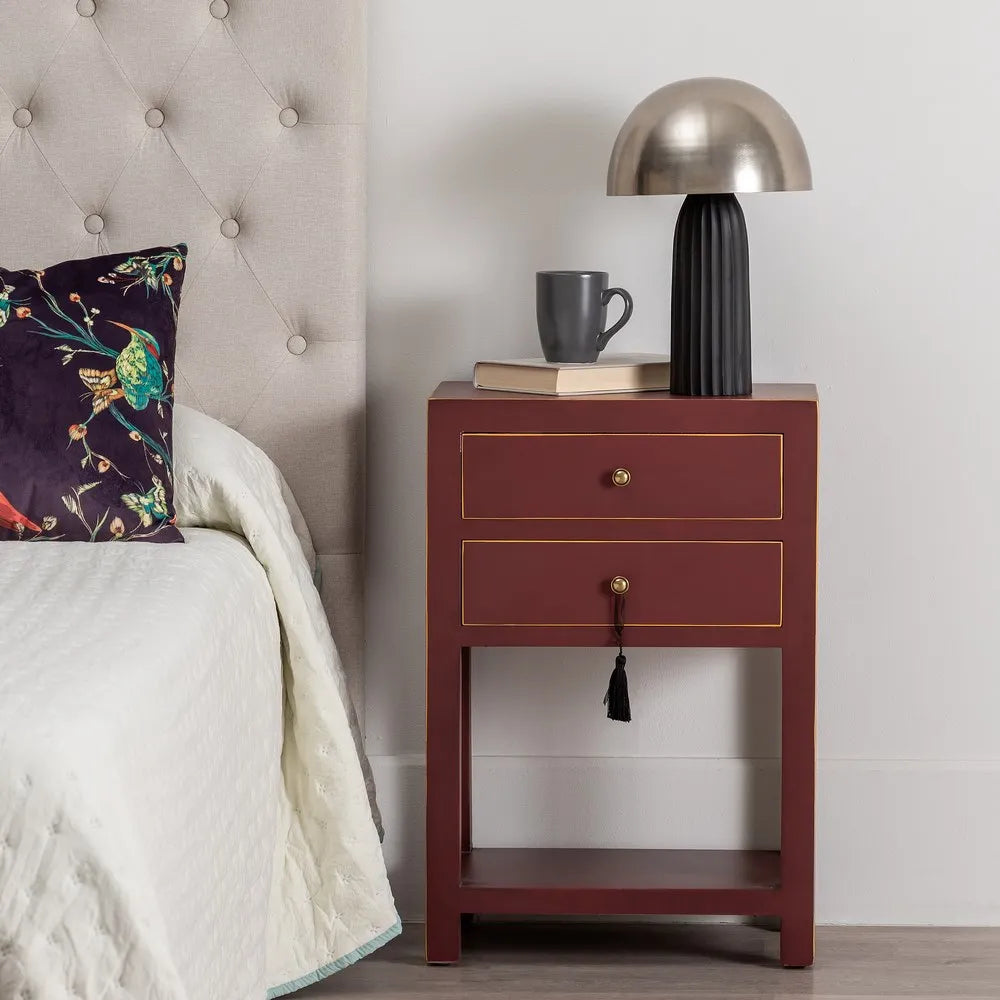 Ariadna terracotta red wooden side table with 2 drawers and lower shelf