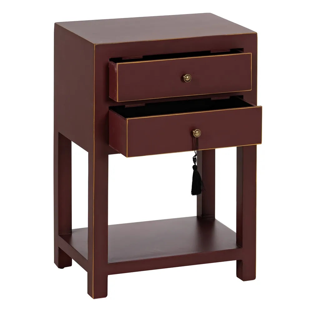Ariadna terracotta red wooden side table with 2 drawers and lower shelf