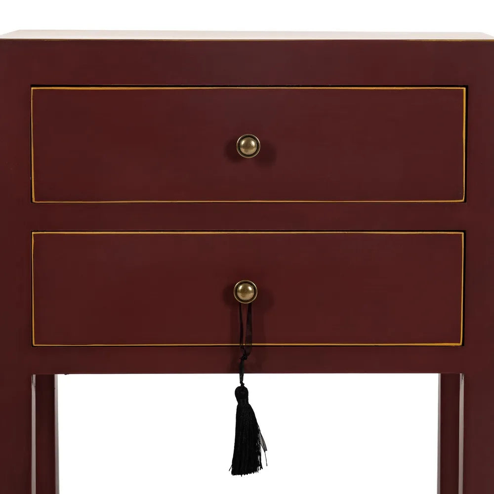 Ariadna terracotta red wooden side table with 2 drawers and lower shelf
