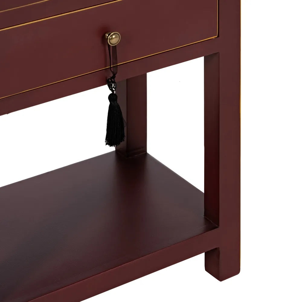 Ariadna terracotta red wooden side table with 2 drawers and lower shelf