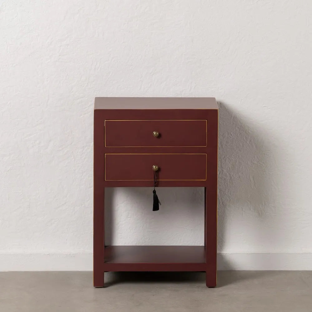 Ariadna terracotta red wooden side table with 2 drawers and lower shelf