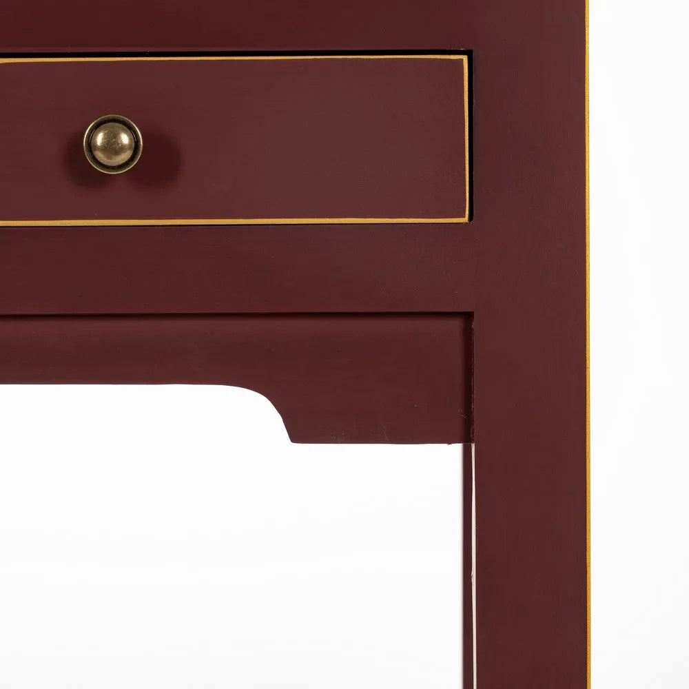 Aina red wooden console with 6 drawers and gold accent lines