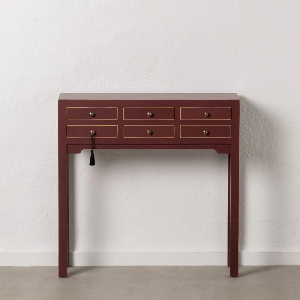 Aina red wooden console with 6 drawers and gold accent lines