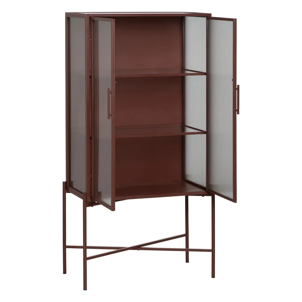 Pablo showcase cabinet with tile-colored metal frame and ribbed glass doors in modern interior