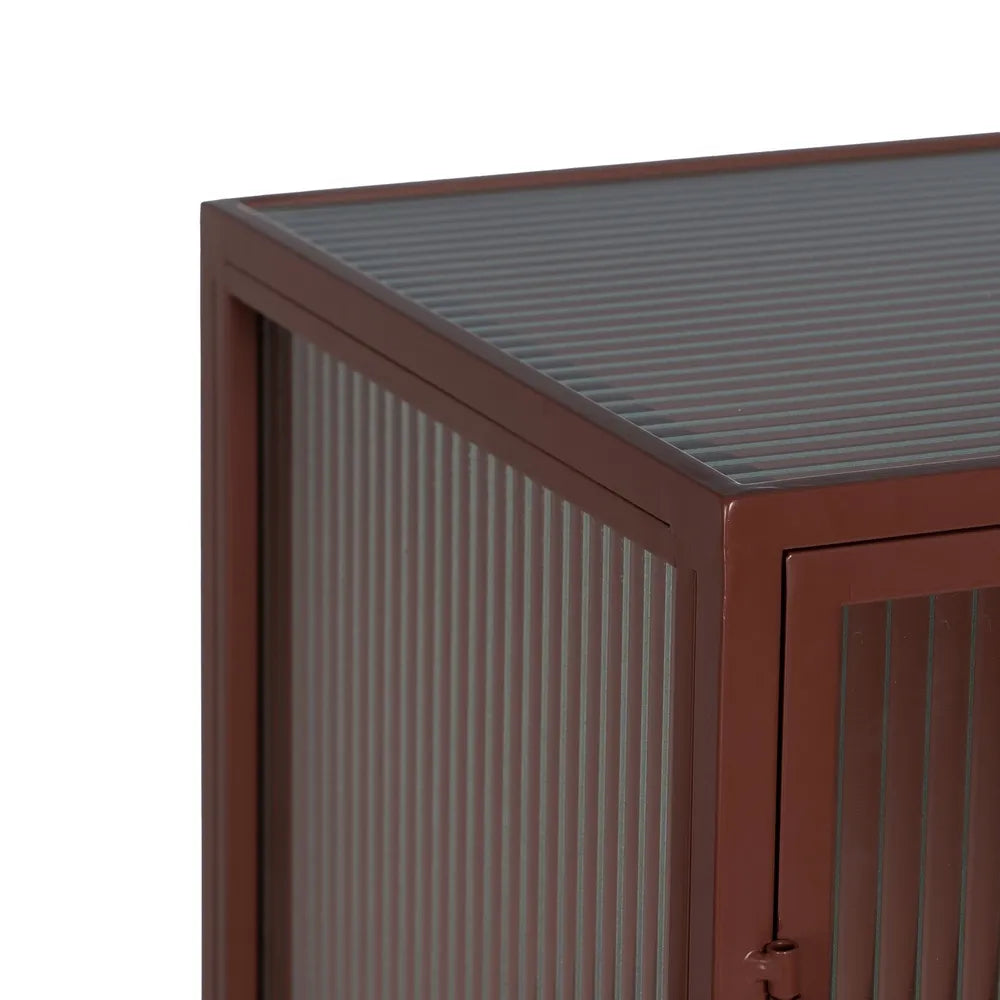 Pablo showcase cabinet with tile-colored metal frame and ribbed glass doors in modern interior