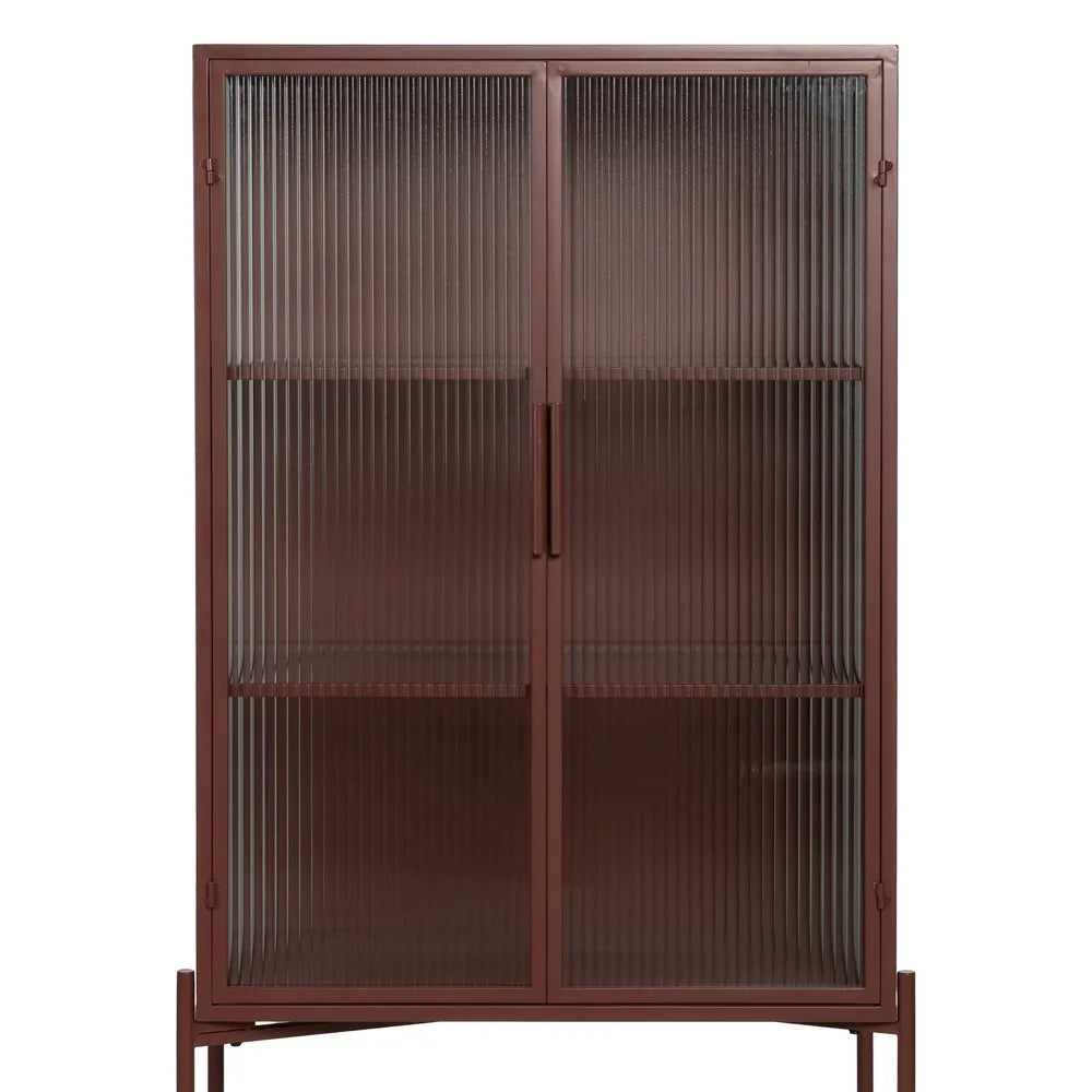 Pablo showcase cabinet with tile-colored metal frame and ribbed glass doors in modern interior