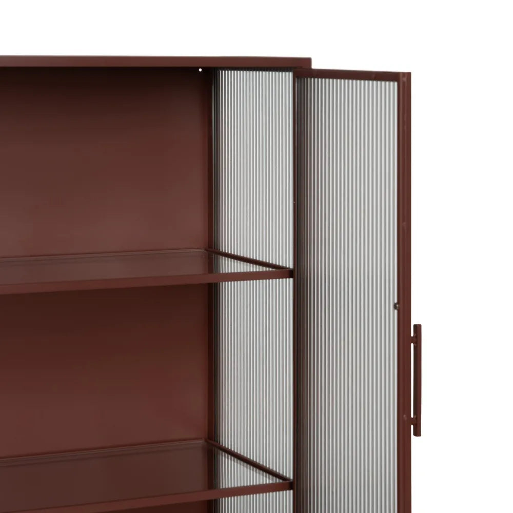 Pablo showcase cabinet with tile-colored metal frame and ribbed glass doors in modern interior