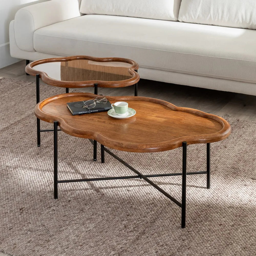 Finn dual-level coffee tables with natural wood and glass in a modern setting
