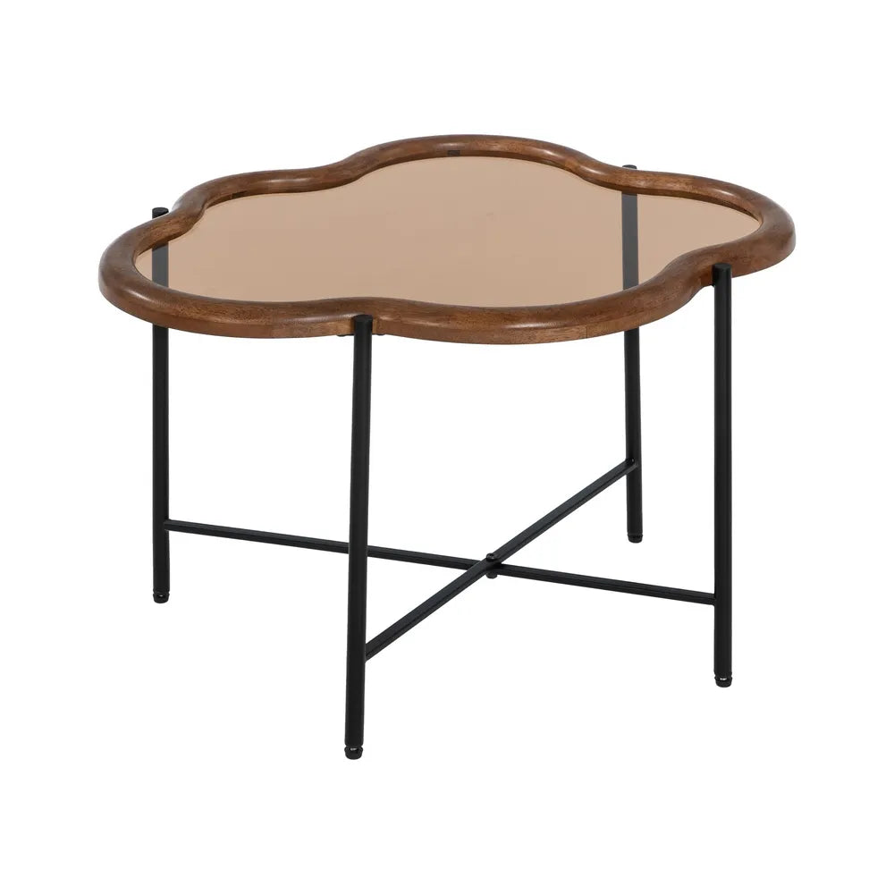 Finn dual-level coffee tables with natural wood and glass in a modern setting