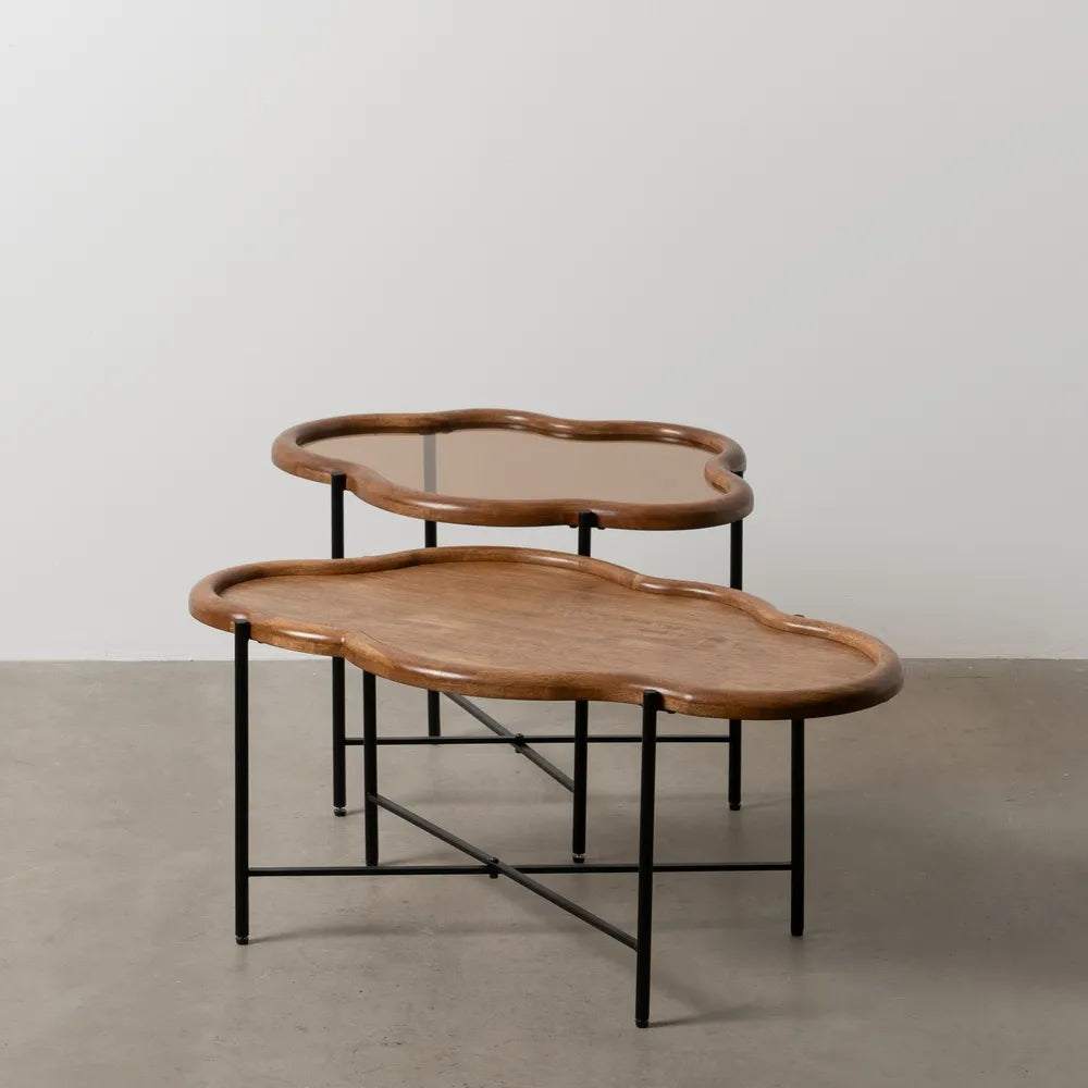Finn dual-level coffee tables with natural wood and glass in a modern setting