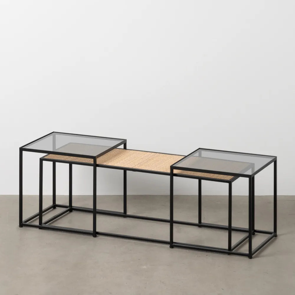 Declan set of three nesting coffee tables in natural wood and black metal