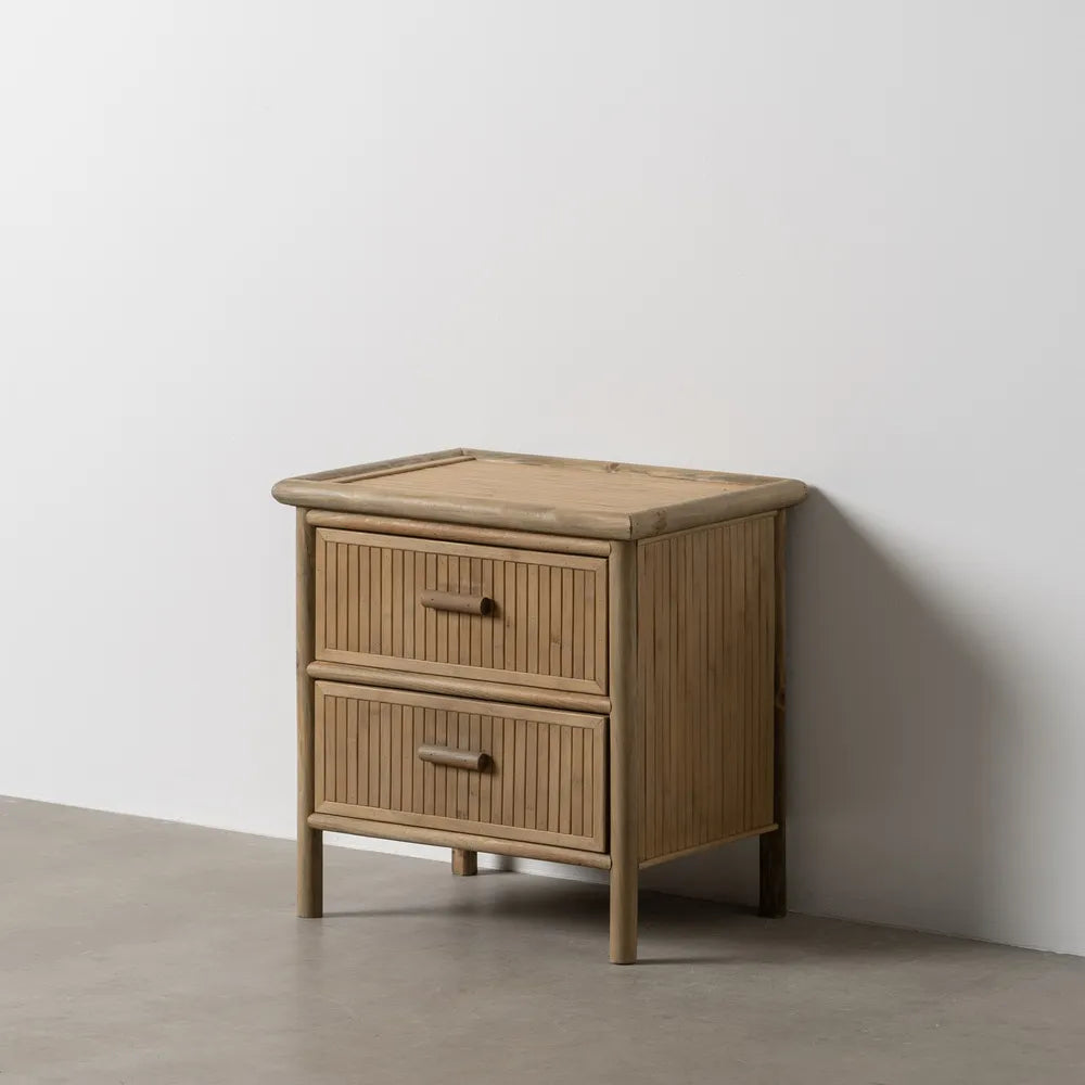 Hugo compact bamboo bedside table with two drawers in minimalist interior