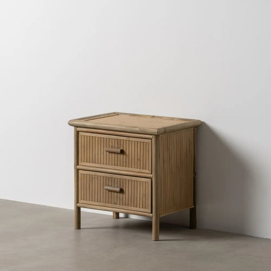 Hugo compact bamboo bedside table with two drawers in minimalist interior