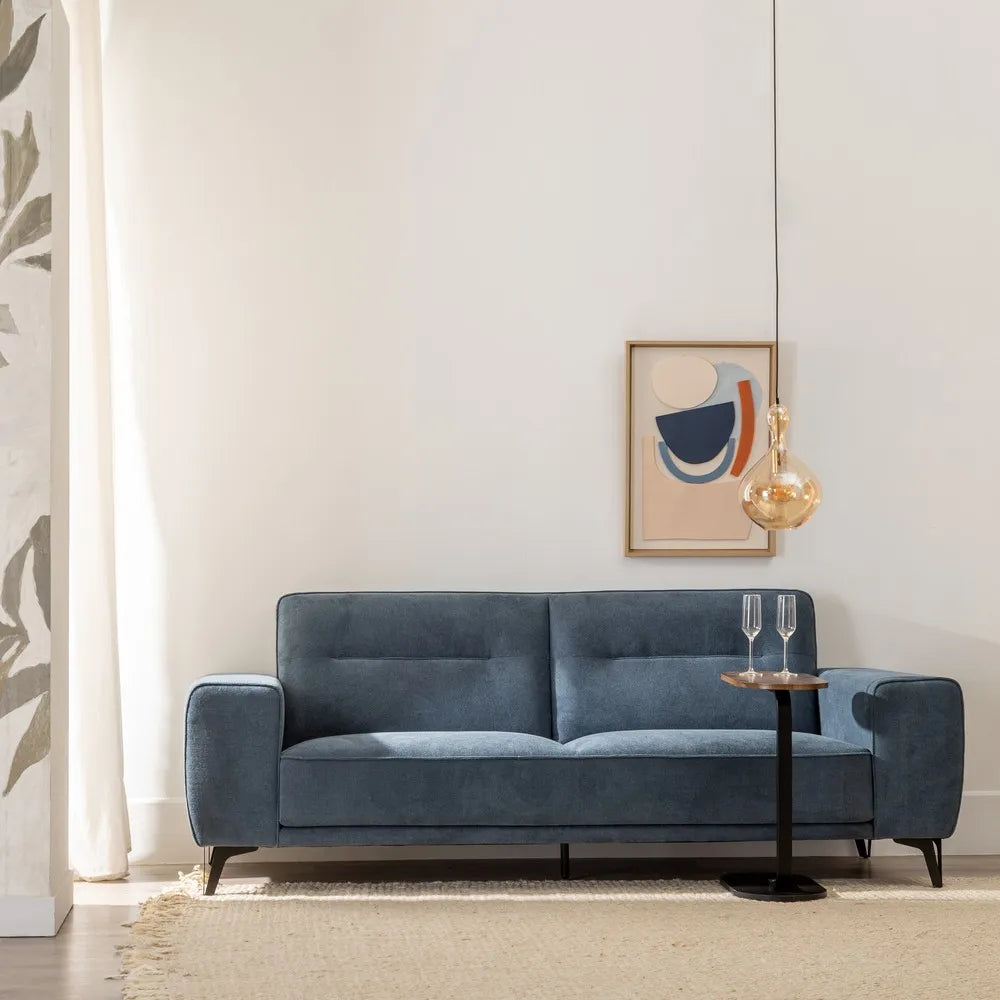 Gorka 3 Seater Sofa Blue Fabric-Metal with wide armrests, deep blue upholstery, and slim metal legs, 220 cm