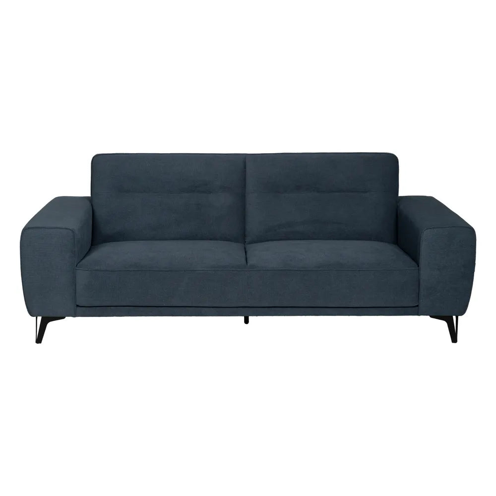 Gorka 3 Seater Sofa Blue Fabric-Metal with wide armrests, deep blue upholstery, and slim metal legs, 220 cm