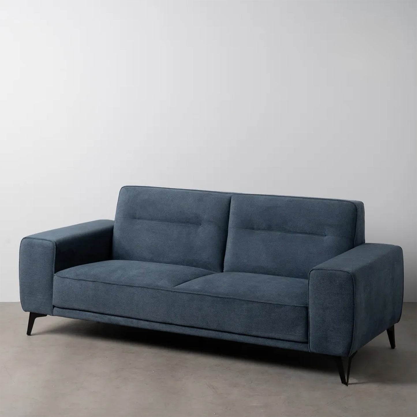 Gorka 3 Seater Sofa Blue Fabric-Metal with wide armrests, deep blue upholstery, and slim metal legs, 220 cm