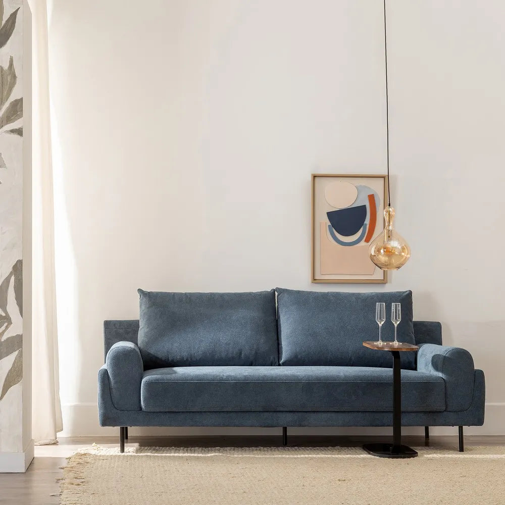 Hugo 3 Seater Sofa Blue Fabric-Metal with deep cushions, rounded arms, and slim black legs, 216 cm