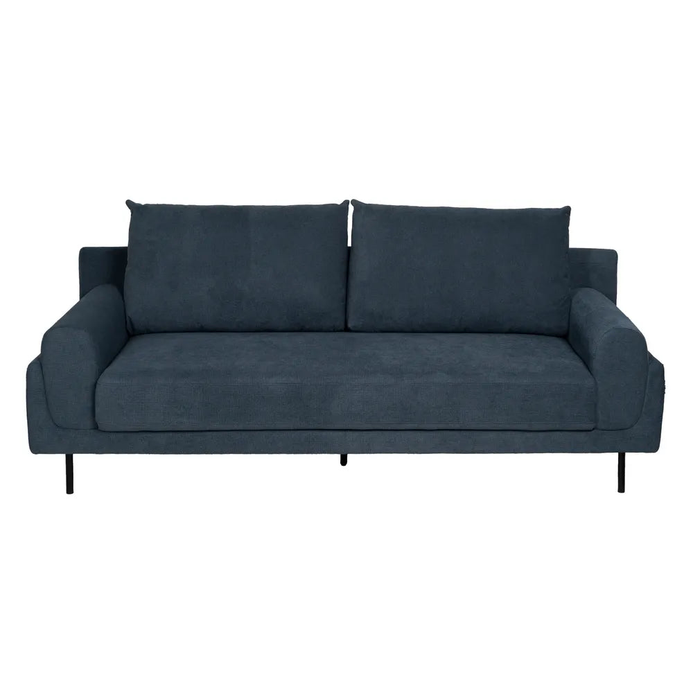 Hugo 3 Seater Sofa Blue Fabric-Metal with deep cushions, rounded arms, and slim black legs, 216 cm