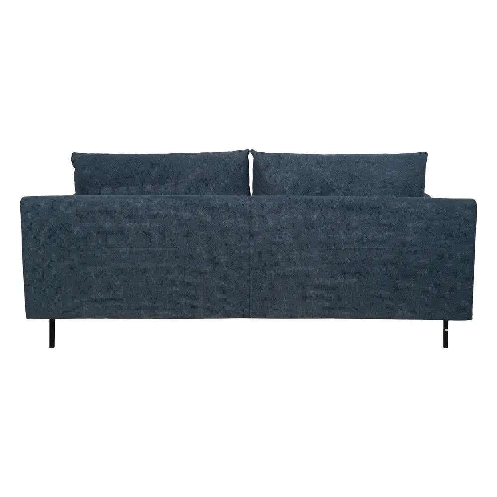 Hugo 3 Seater Sofa Blue Fabric-Metal with deep cushions, rounded arms, and slim black legs, 216 cm