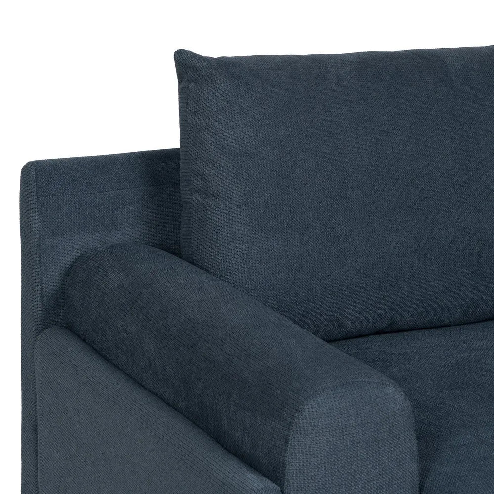 Hugo 3 Seater Sofa Blue Fabric-Metal with deep cushions, rounded arms, and slim black legs, 216 cm