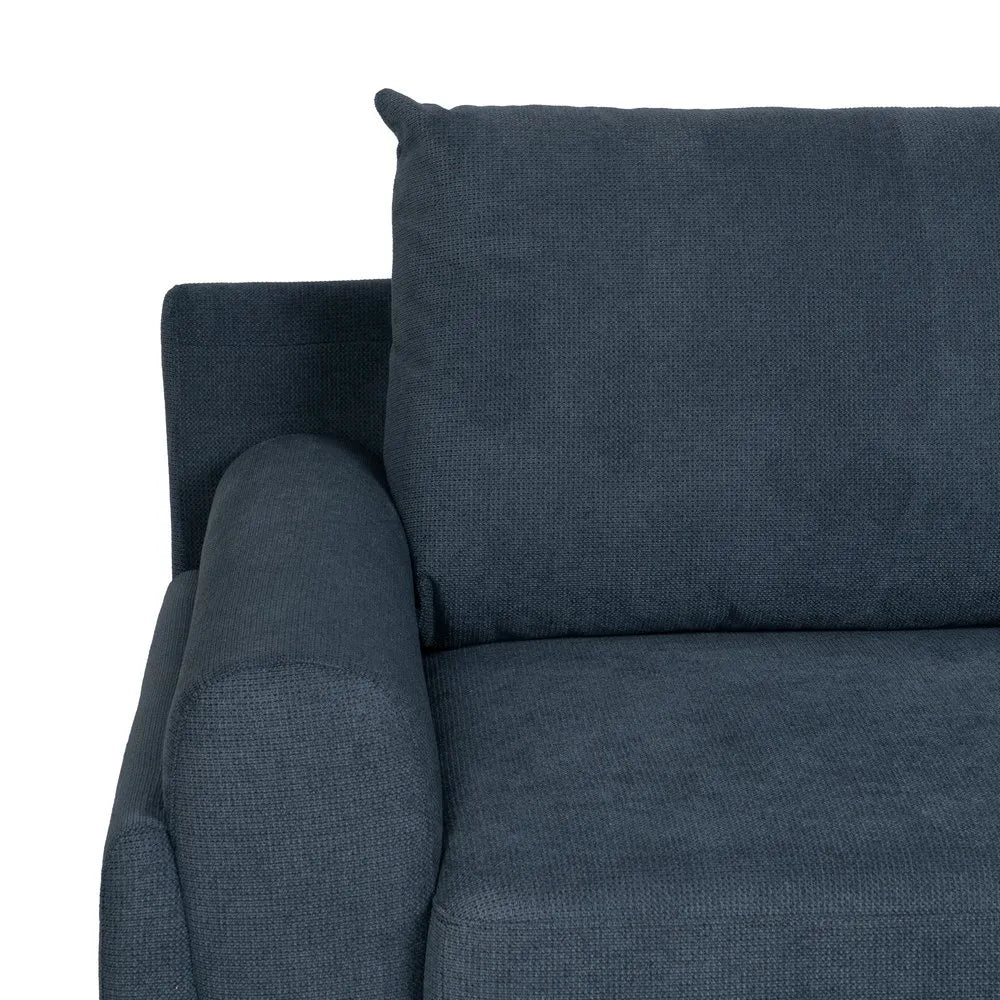 Hugo 3 Seater Sofa Blue Fabric-Metal with deep cushions, rounded arms, and slim black legs, 216 cm