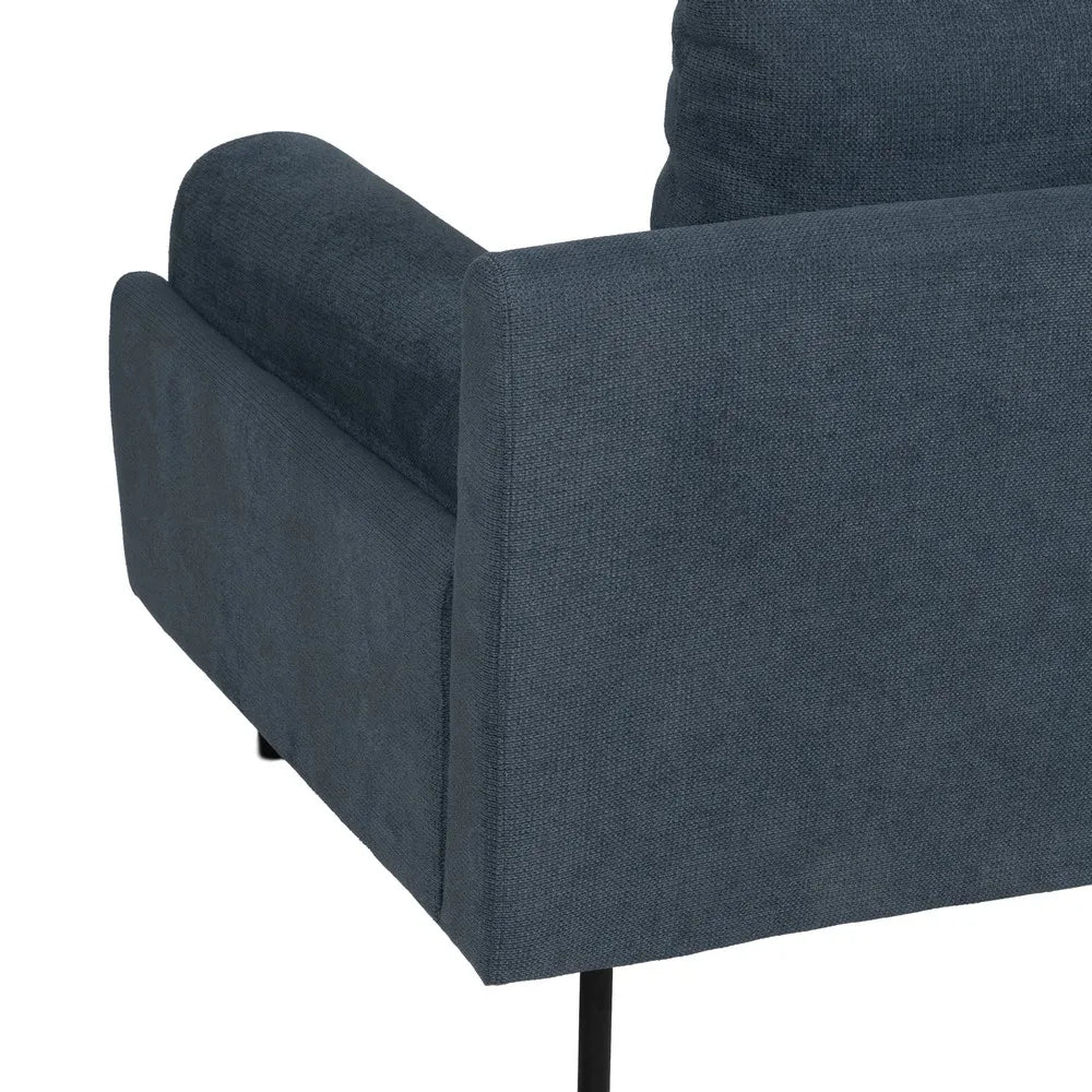 Hugo 3 Seater Sofa Blue Fabric-Metal with deep cushions, rounded arms, and slim black legs, 216 cm