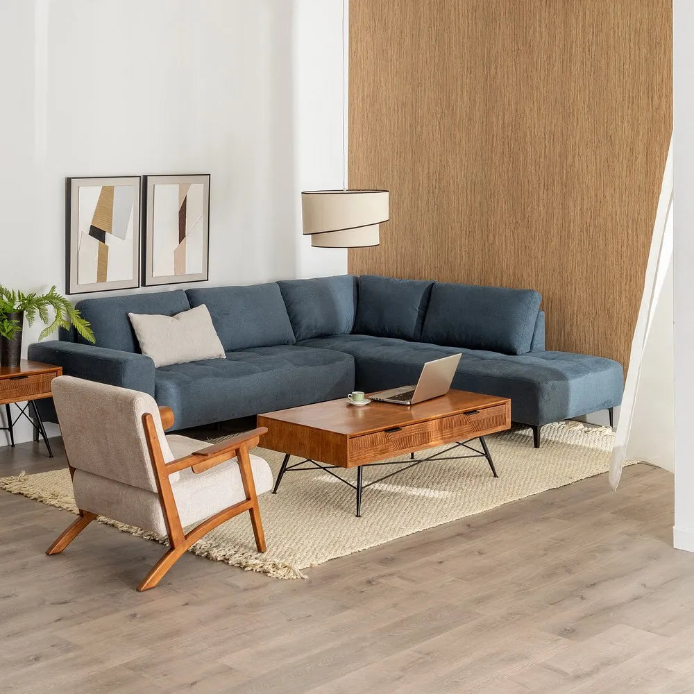 Mario Right Chaise Longue Sofa Blue with deep seats, L-shape design, and slim black legs