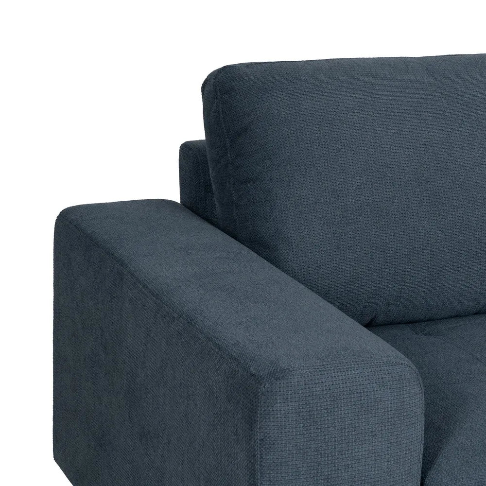 Mario Right Chaise Longue Sofa Blue with deep seats, L-shape design, and slim black legs
