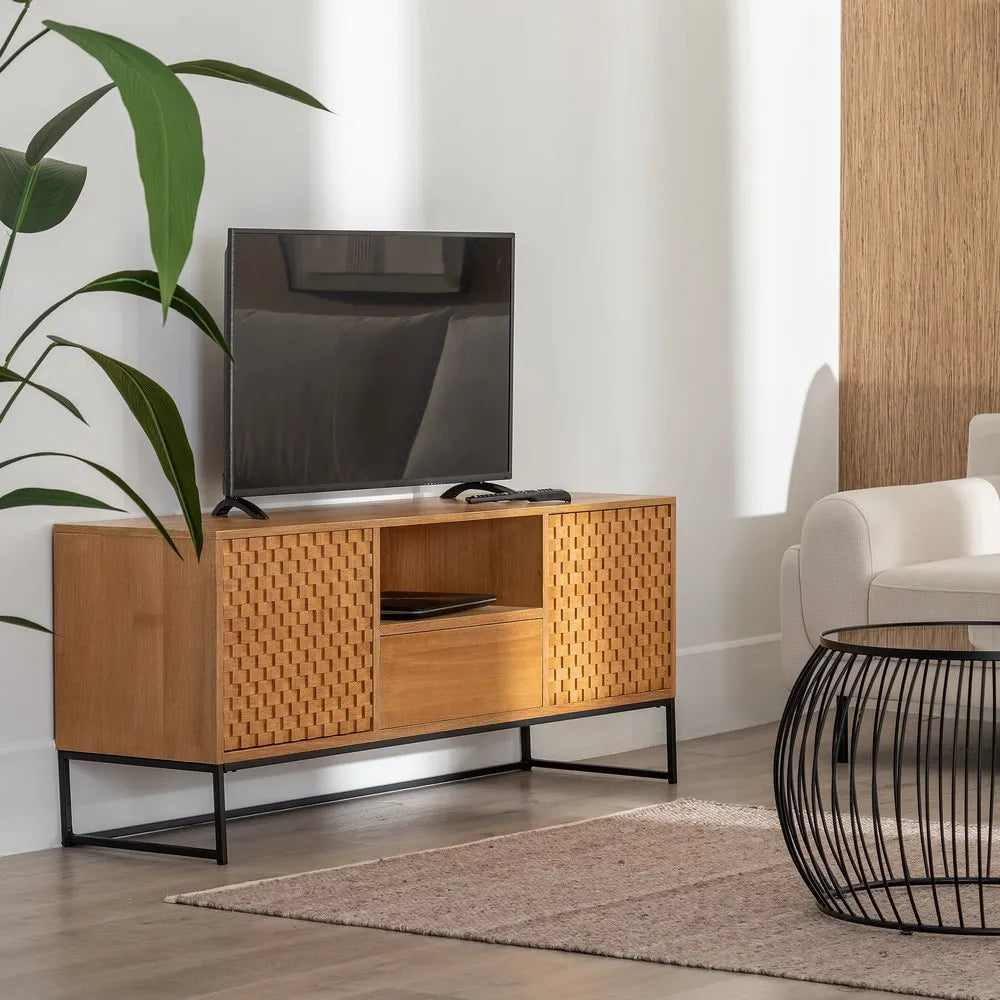 Daniel TV cabinet with natural MDF-wood and woven doors on black metal base
