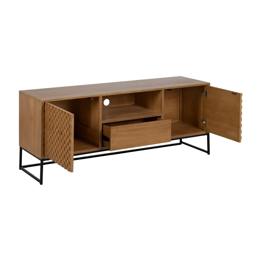 Daniel TV cabinet with natural MDF-wood and woven doors on black metal base
