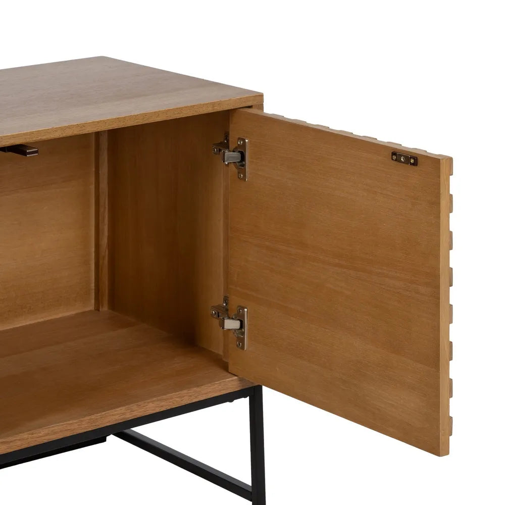 Daniel TV cabinet with natural MDF-wood and woven doors on black metal base