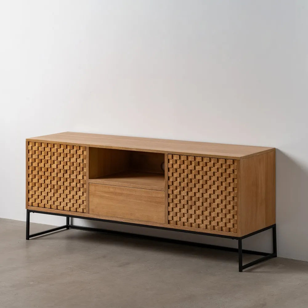 Daniel TV cabinet with natural MDF-wood and woven doors on black metal base