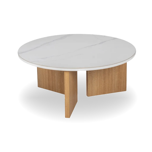 Sierra coffee table with imitation marble ceramic top and natural wood base. 2 cm thick top for a modern, durable finish. By AK Interior Living.