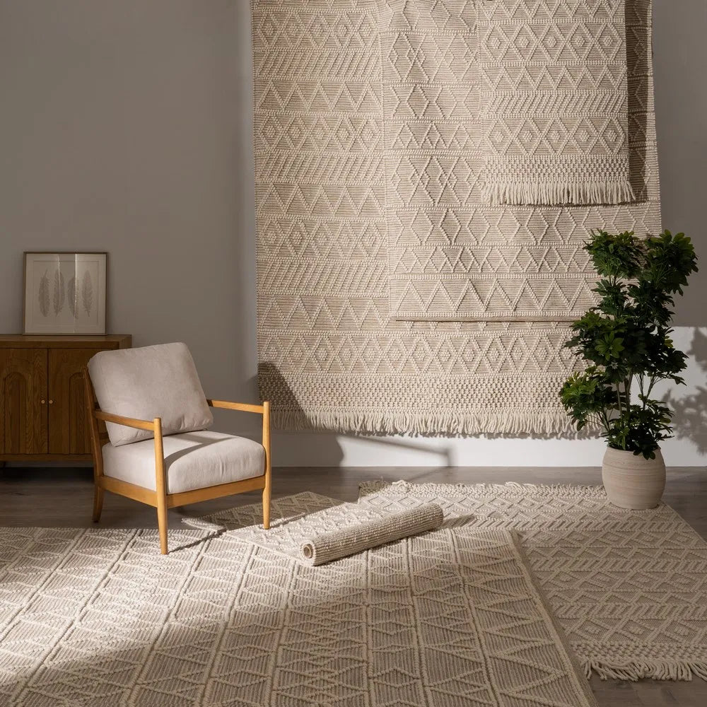 Maria cream fabric carpet with geometric pattern in living space
